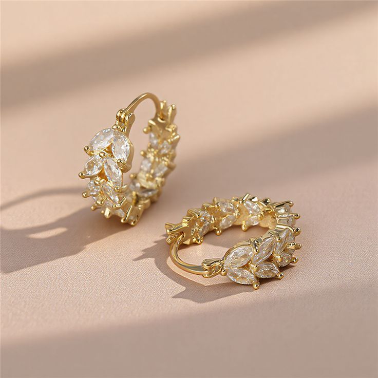 Golden Zirconia Leaf Hoop Earrings