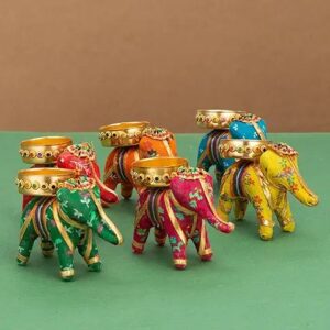 LitAuraa Handcrafted Recycled Material Elephant Tealight Candle Holder Home Decoration Item for Diwali Decor (Multicolor, 8 X 5 X 10 Cm) - Pack of 6