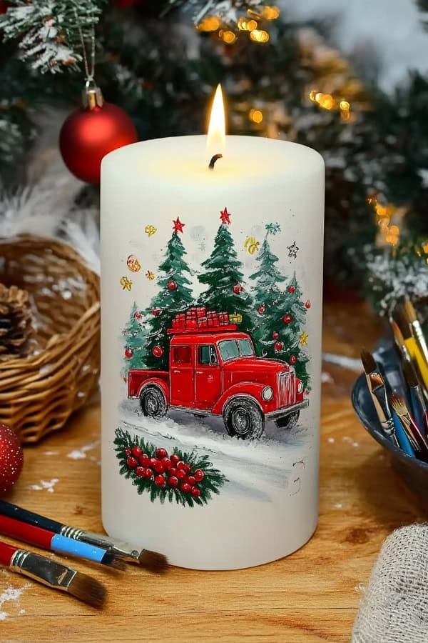 Litauraa Hand-Painted Christmas Pillar Candles (Set of 2) - Image 2